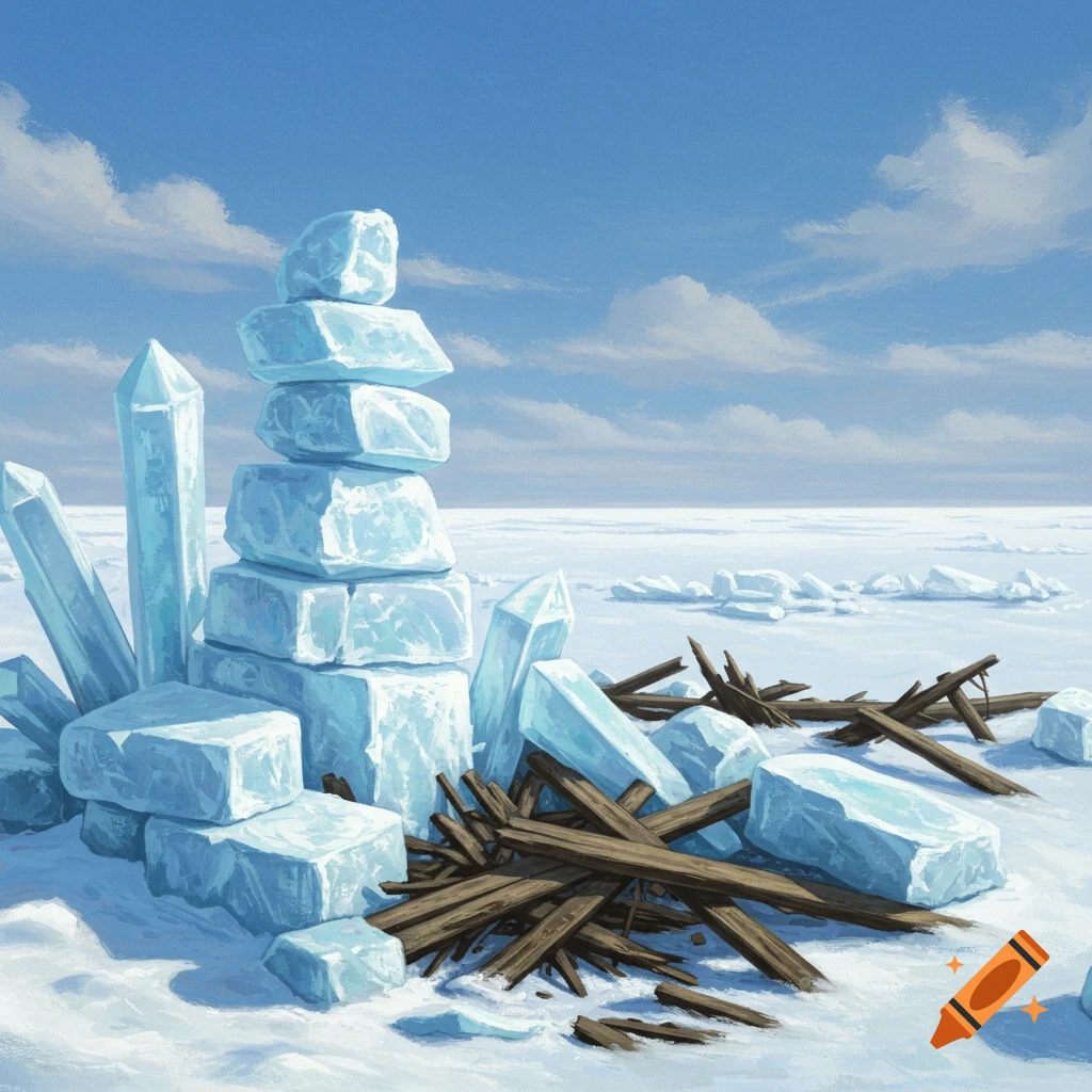 Painting of an arctic landscape with a stack of ice blocks, ice crystals, and broken wood on snow under a blue sky.