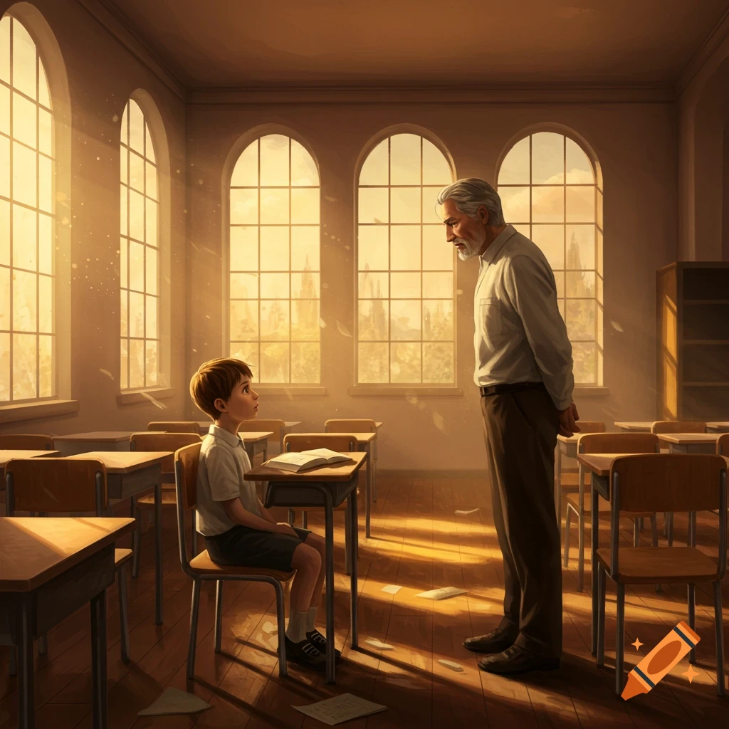 A young boy sits at a desk in a sunlit classroom, looking up at an older man standing before him, a book open on the desk.