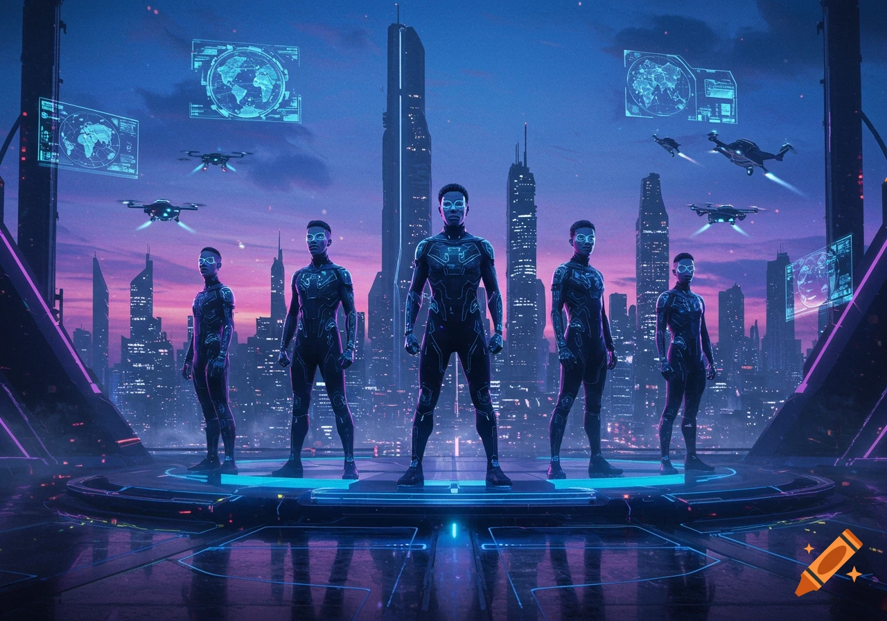 Five men in glowing futuristic suits stand on a platform overlooking a neon cyberpunk city at dusk with drones and holographic screens.