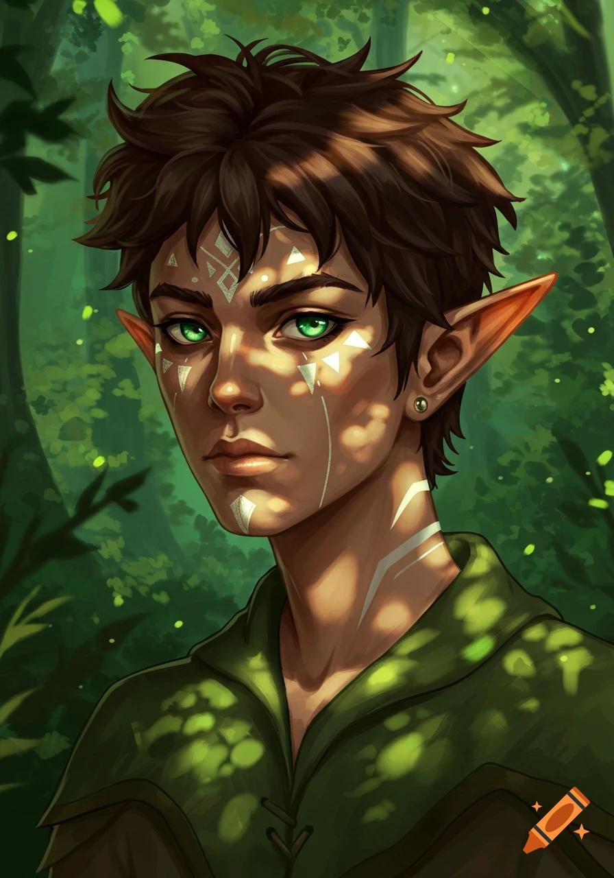 Animation style portrait of a young wood elf with short brown hair, green eyes, pointy ears, and white face tattoos in a sunlit forest.