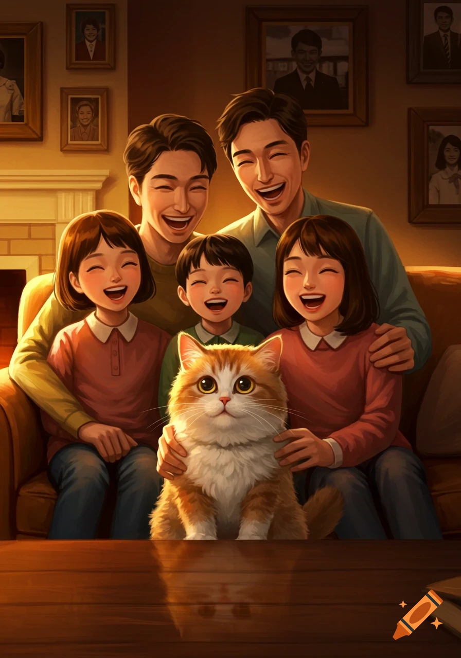 An illustrated, happy Asian family of four smiles on a couch with their fluffy orange cat in a warmly lit home.