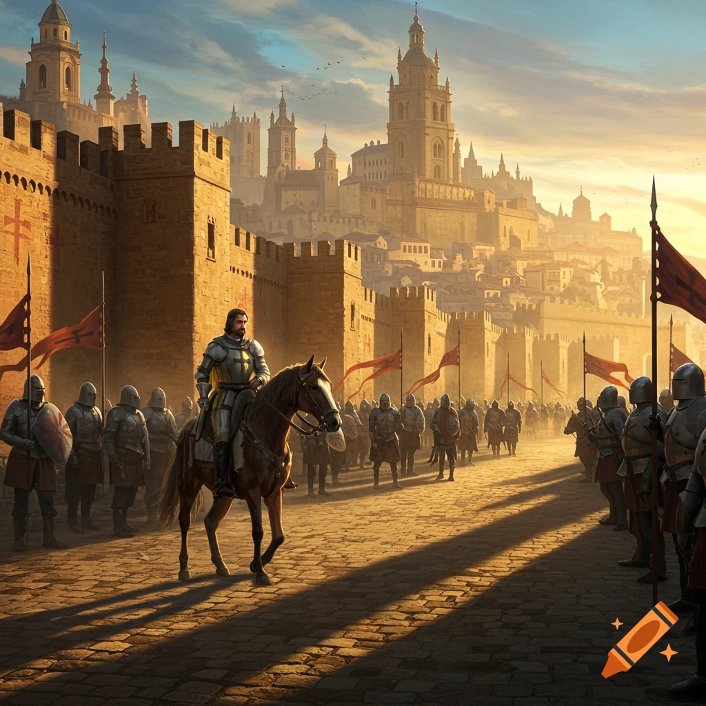 A knight on horseback leads an army through a sunlit, medieval walled city with towering buildings in the background.