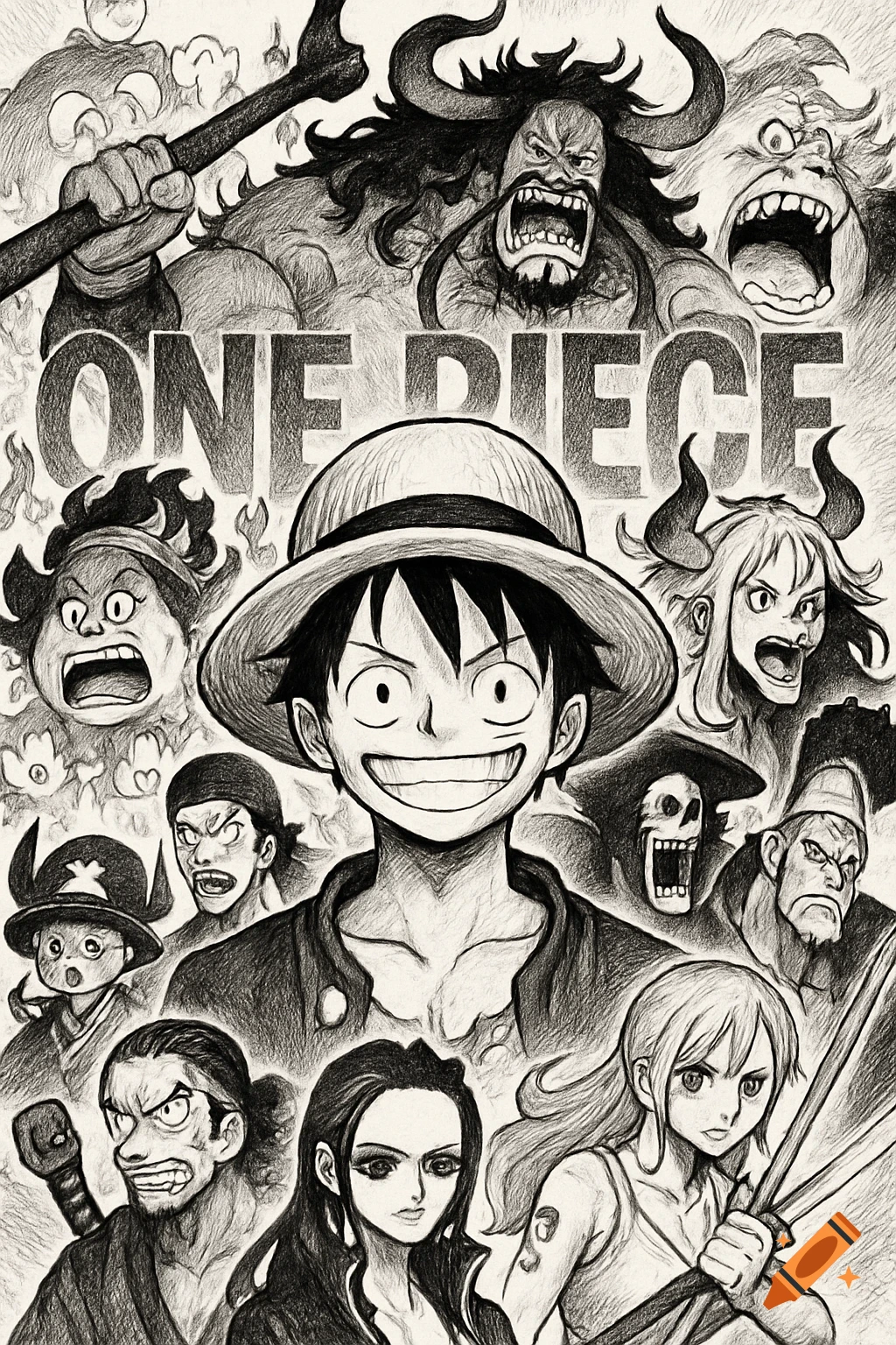 A black and white manga illustration collage featuring Monkey D. Luffy smiling in the center, surrounded by various One Piece characters.