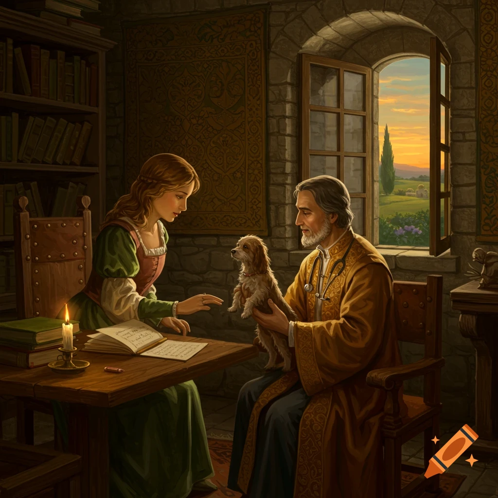 A woman and an old man in Renaissance clothing interact with a small dog in a candlelit study, with a window view of a sunset landscape.