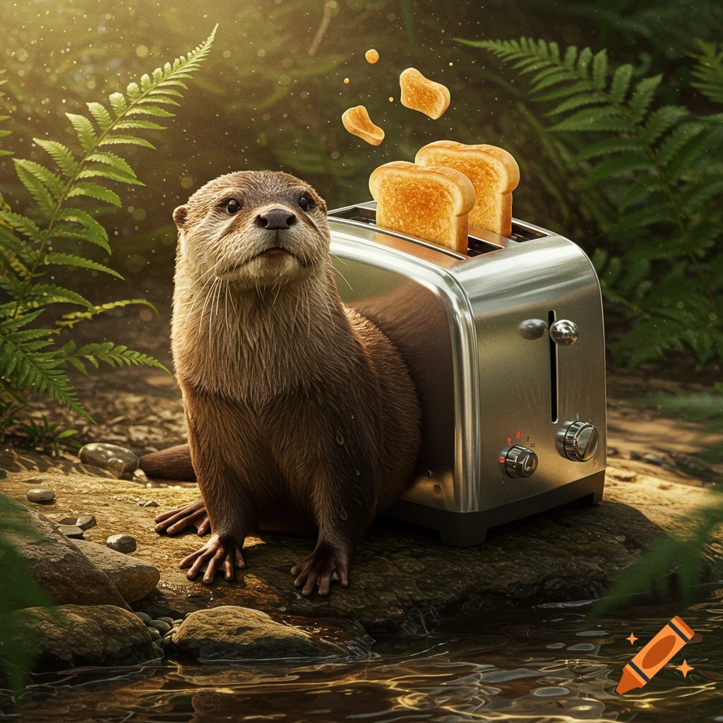 A photorealistic otter emerges from a chrome toaster in a sunlit forest, with toast slices popping out.