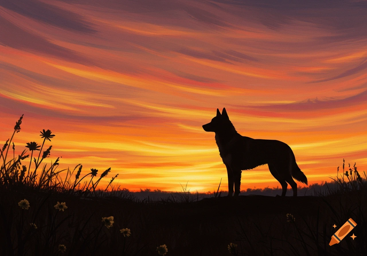 A dog silhouette stands on a grassy hill against a vibrant orange and purple sunset, with foreground flowers.