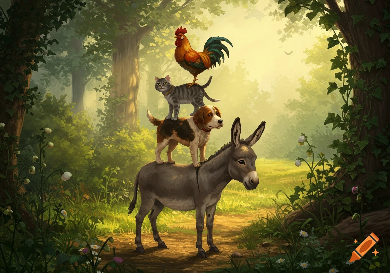 An illustrated scene of a donkey, a dog, a cat, and a rooster stacked on top of each other on a forest path with a misty background.