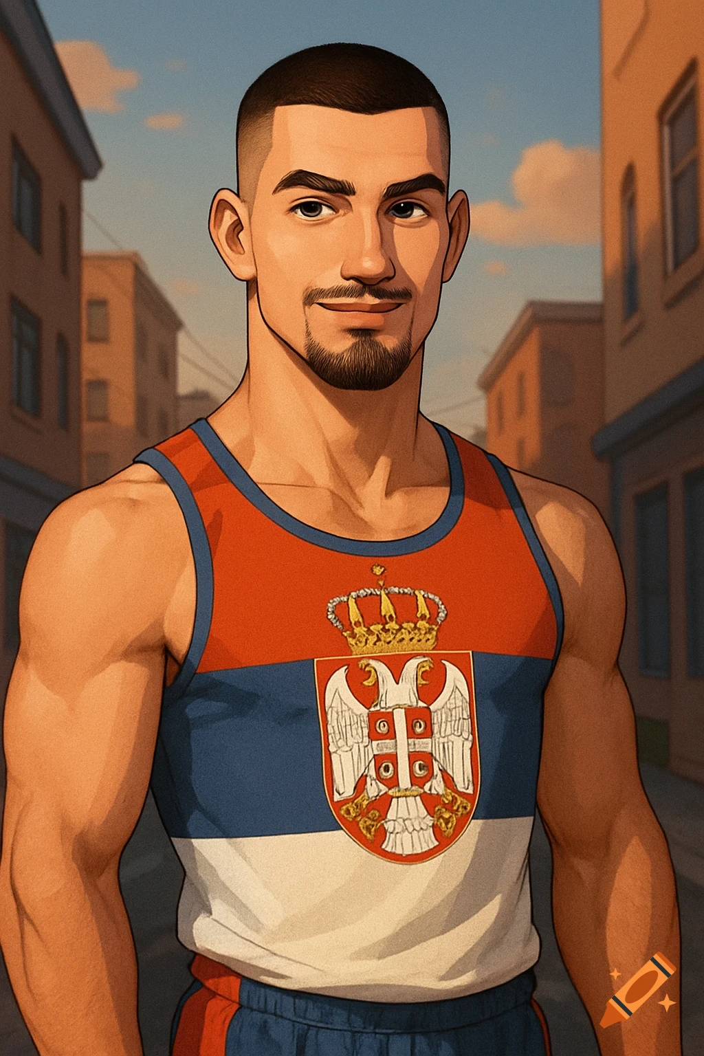 A cartoon-style man with a buzzcut and goatee, wearing a red, blue, and white tank top with the Serbian coat of arms, standing in a street.