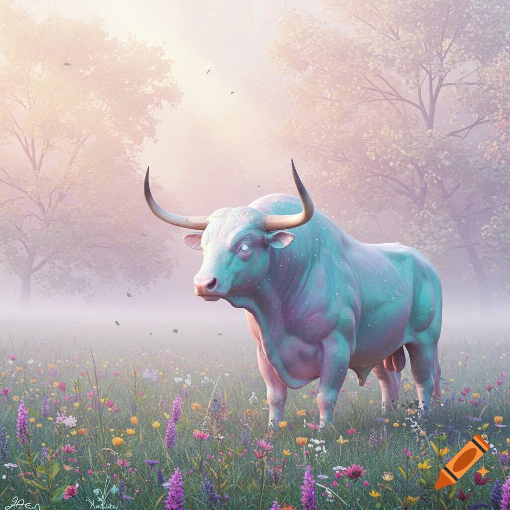 A majestic, glowing teal and pink bull stands in a misty field of vibrant wildflowers under a soft, pastel sky.
