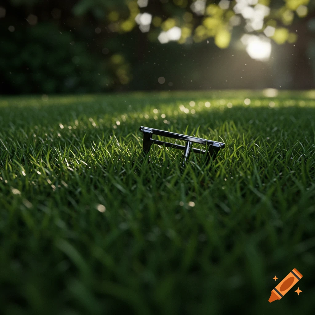 A small black metal watchstrap pin lies in lush green grass, with blurred sunlight filtering through trees in the background.