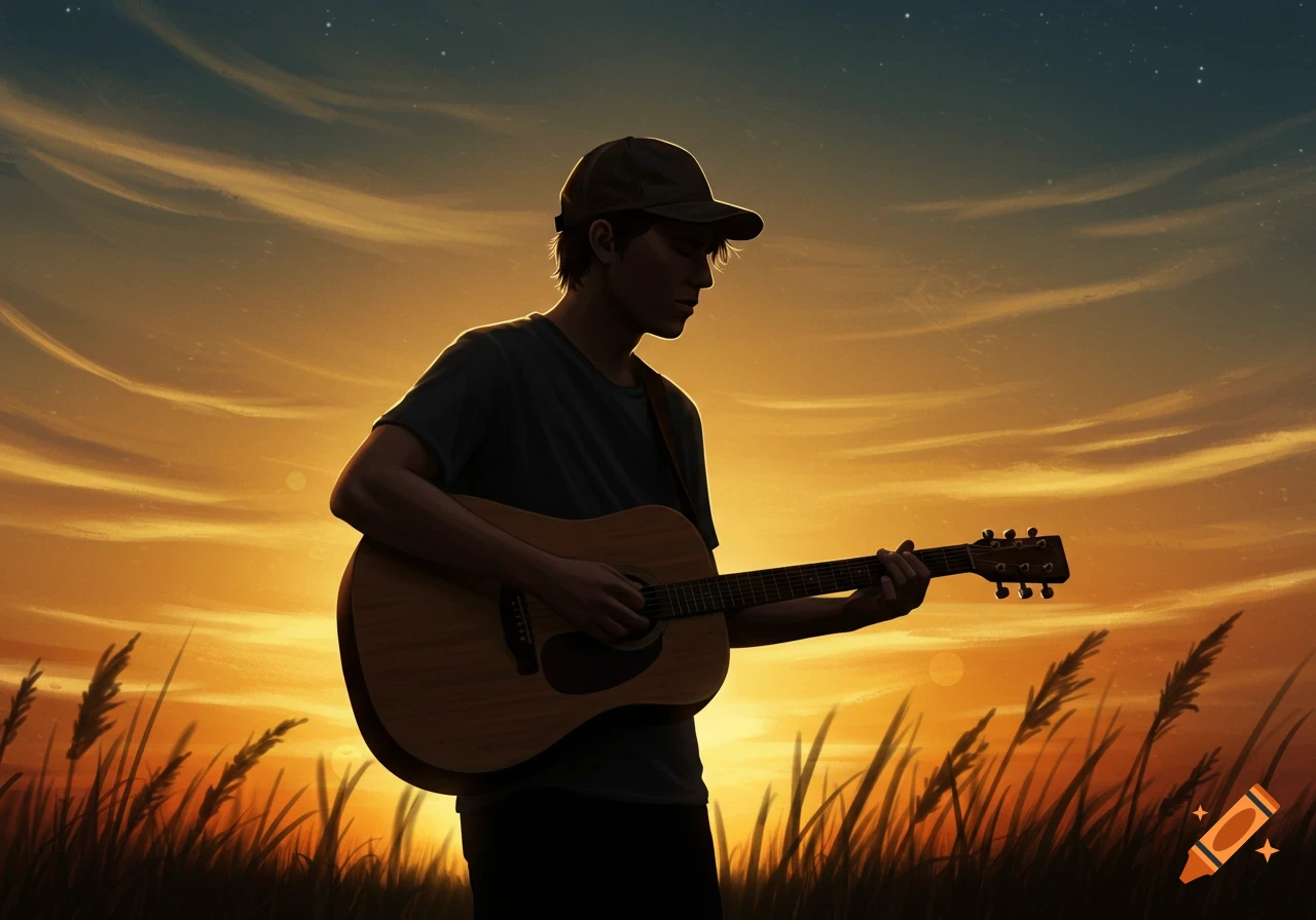 Silhouette of a man playing an acoustic guitar in a field at sunset, digital art.