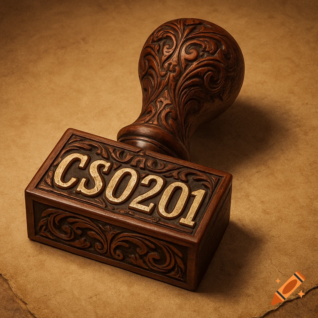A close-up of a carved wooden chop stamp with 'CS0201' embossed in gold letters on a textured brown background.