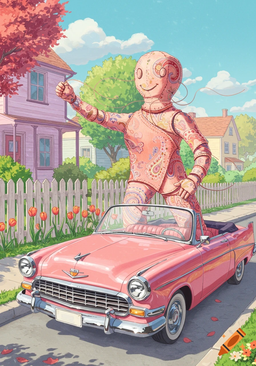 A pink paisley-patterned robot stands in a pink vintage convertible on a pastel suburban street.