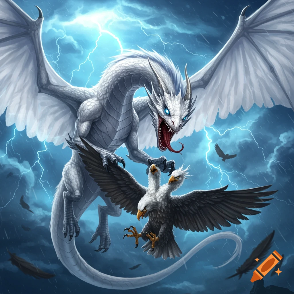 A powerful white and blue dragon in a stormy sky with lightning, carrying a two-headed white eagle in its talons.