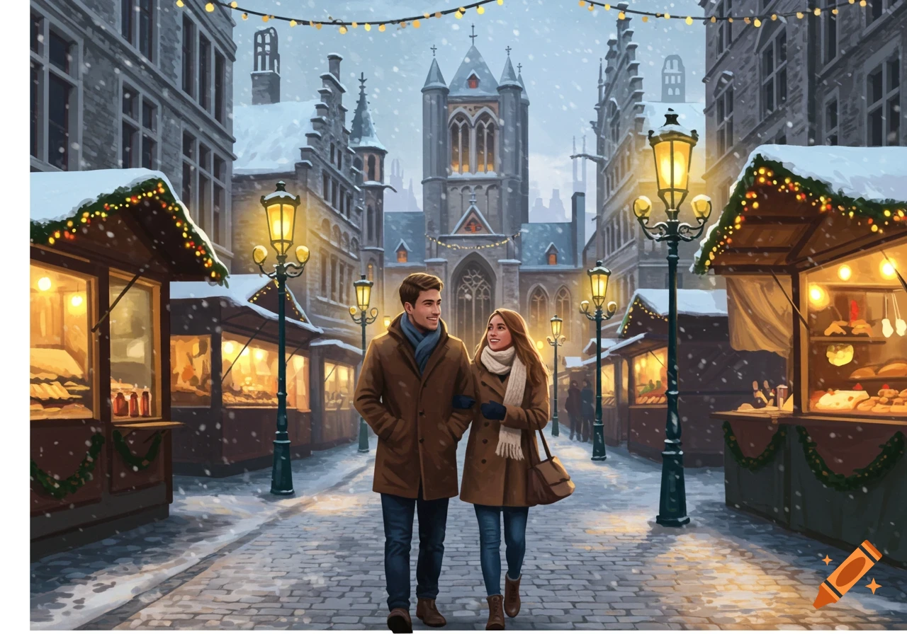 A smiling couple walks arm-in-arm down a snowy street with glowing market stalls and a distant church, in a painterly style.