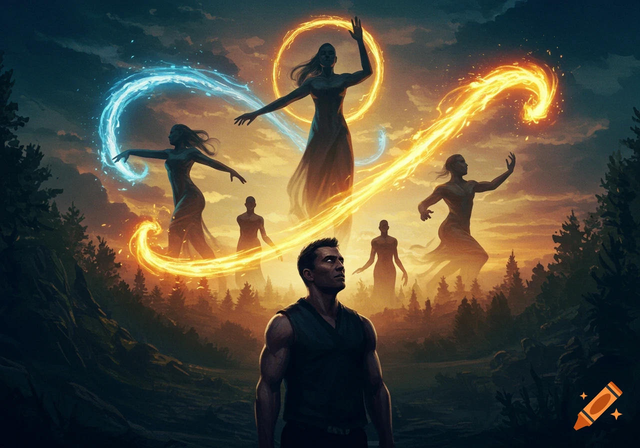 A man gazes up at ethereal figures with glowing blue and orange magic in a dark forest at dusk, fantasy digital art.