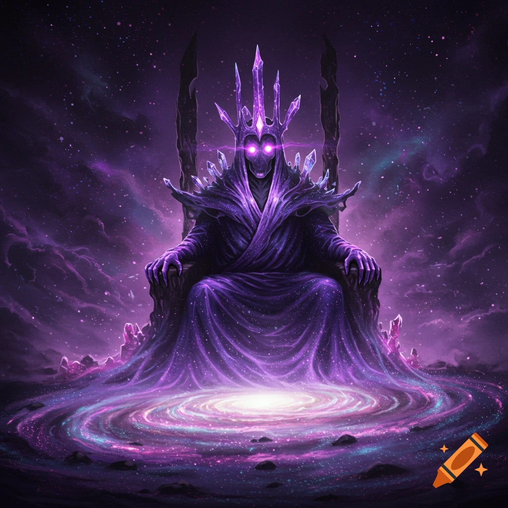 A skeletal, robed figure with glowing purple eyes sits on a crystal throne, surrounded by a purple cosmic void with a swirling galaxy below.
