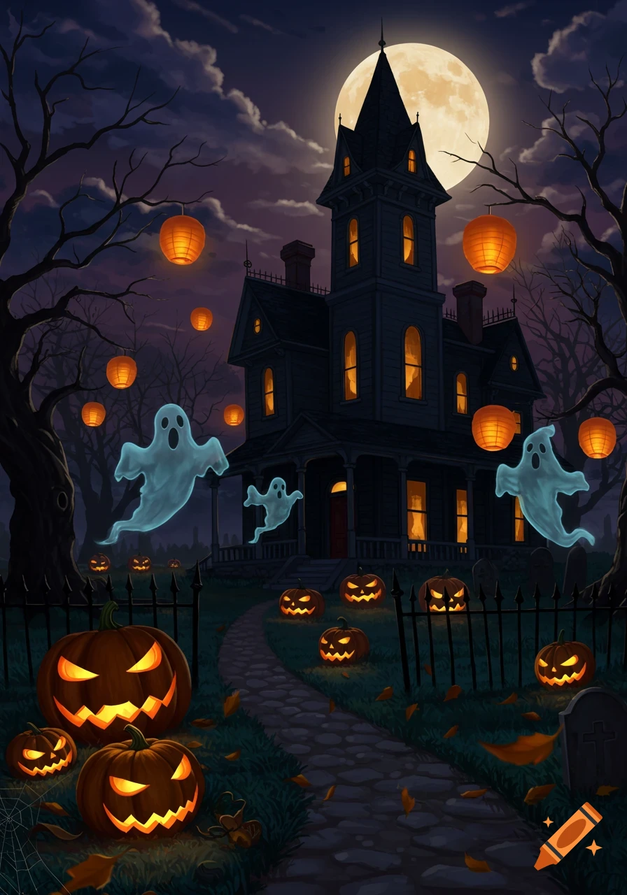 A spooky haunted house at night with a full moon, flying ghosts, glowing jack-o'-lanterns, and bare trees along a path.