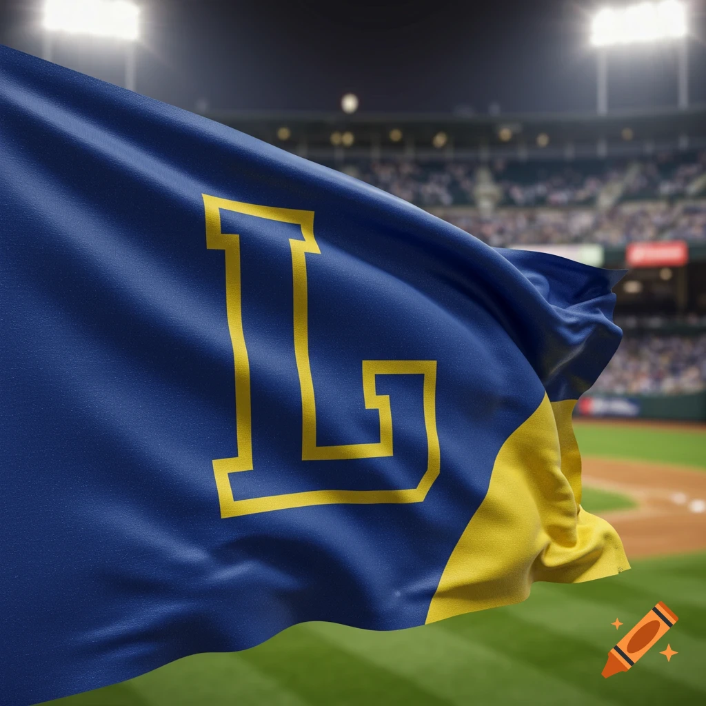 A blue and yellow flag with a large yellow 'L' waves in a photorealistic baseball stadium at night, with bright lights illuminating the field.