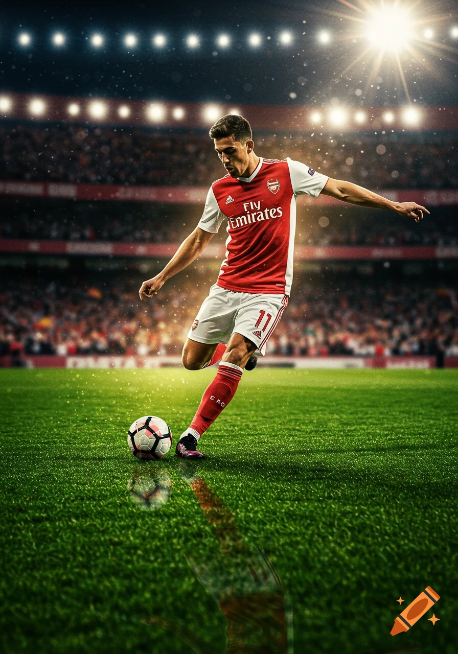 A photorealistic image of a male footballer in a red and white uniform kicking a soccer ball on a green stadium field.