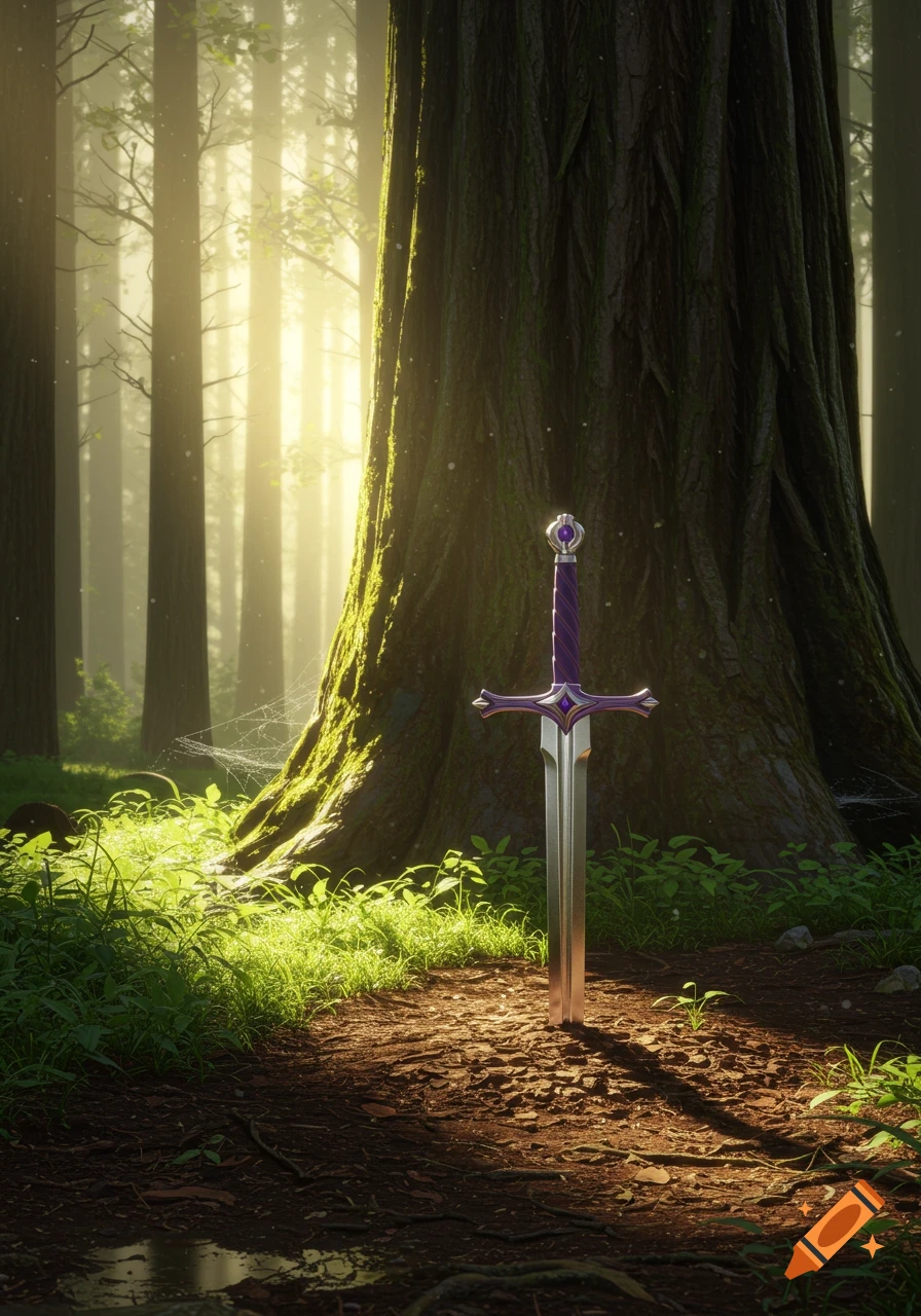 A shining silver sword with a metallic purple hilt embedded in moist forest soil, in front of a redwood tree during sunrise, photorealistic.
