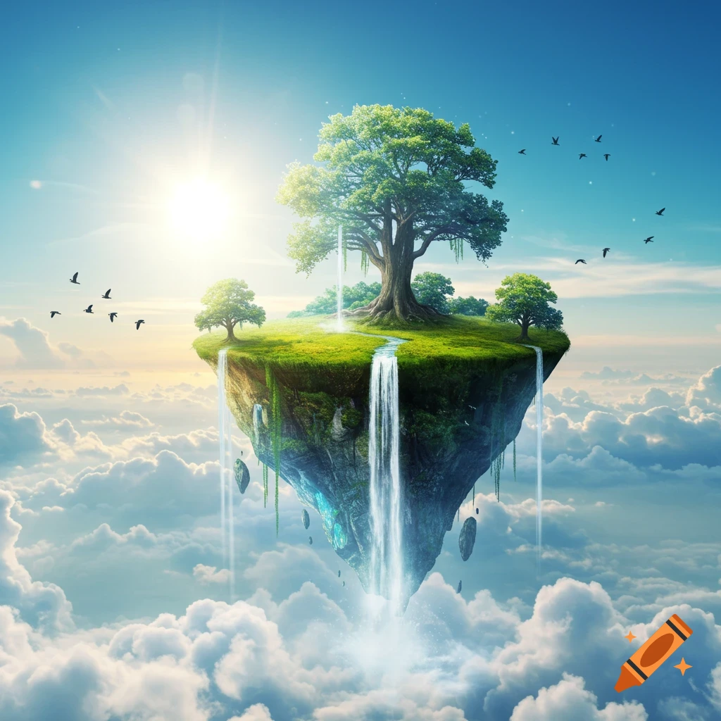 A lush green floating island with a large tree and cascading waterfalls, surrounded by clouds in a bright blue sky with a shining sun.