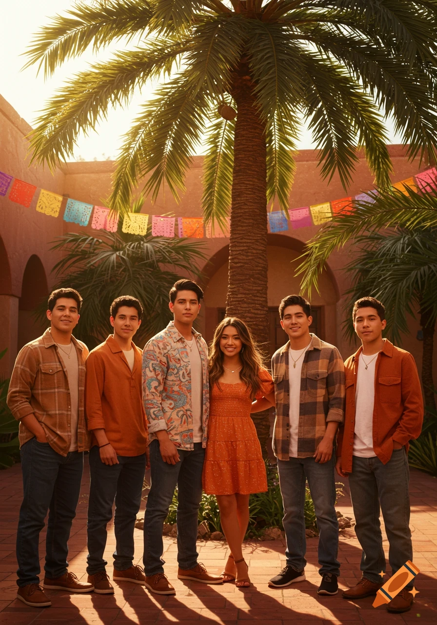 A group of young adults, five men and one woman, stand smiling in a sunny outdoor patio decorated with colorful flags under a large palm tree.