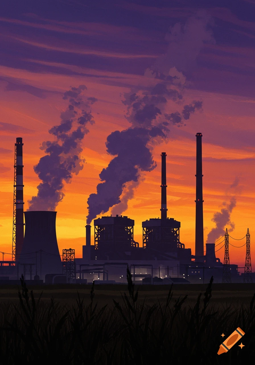 A stylized illustration of a thermal power plant silhouetted against a vibrant orange and purple sunset sky, with smoke rising.