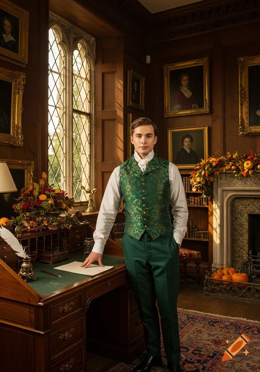 A young man in a green vest and white shirt stands in a grand Georgian study with autumn decorations and sunlight.