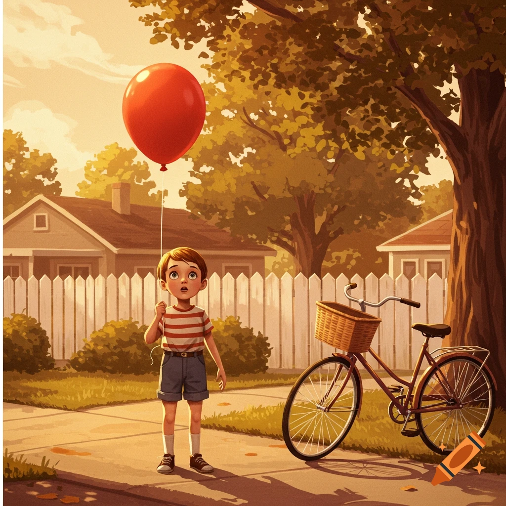 An illustration of a young boy holding a red balloon on a suburban sidewalk, with a bicycle next to a tree.