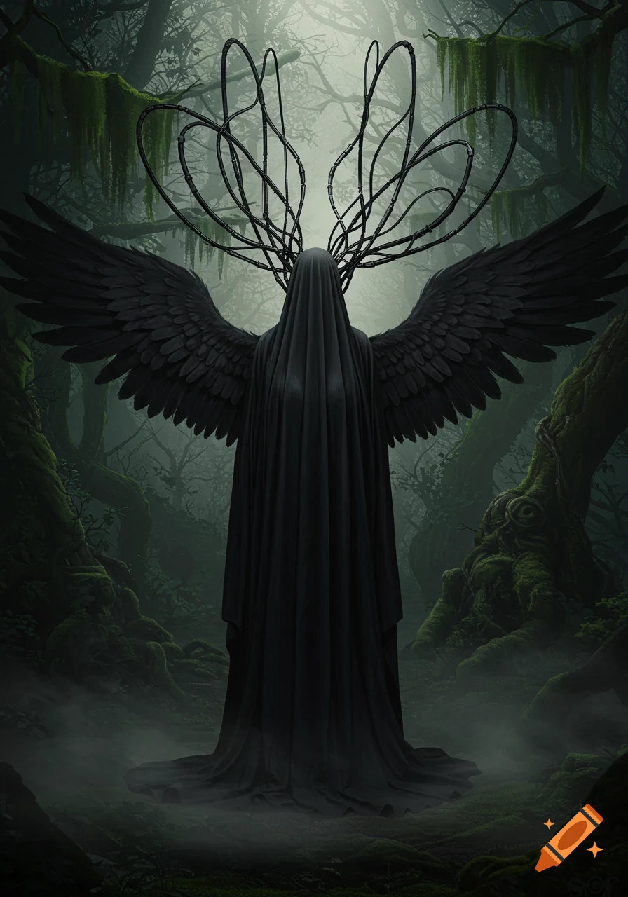A dark, cloaked, winged figure with mechanical wires on its head stands in a misty, mossy forest.