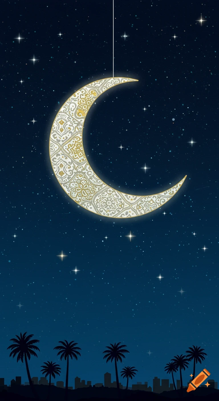 A crescent moon with ornate golden patterns glows in a starry dark blue night sky above silhouetted palm trees and a city skyline.
