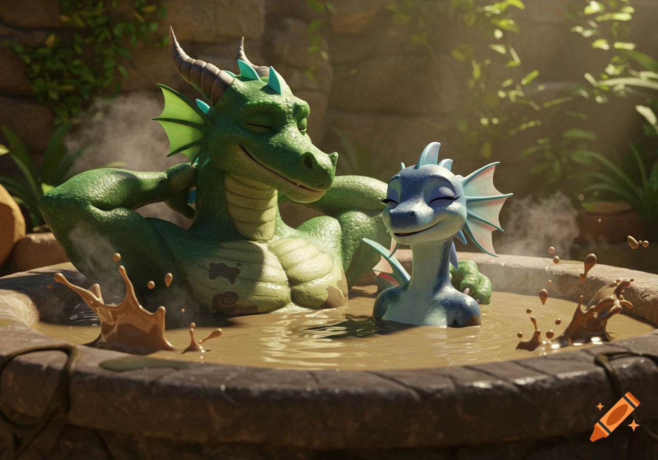 Two cheerful 3D animated cartoon dragons, one green and one blue, relax happily in a steaming mud hot tub with splashes.