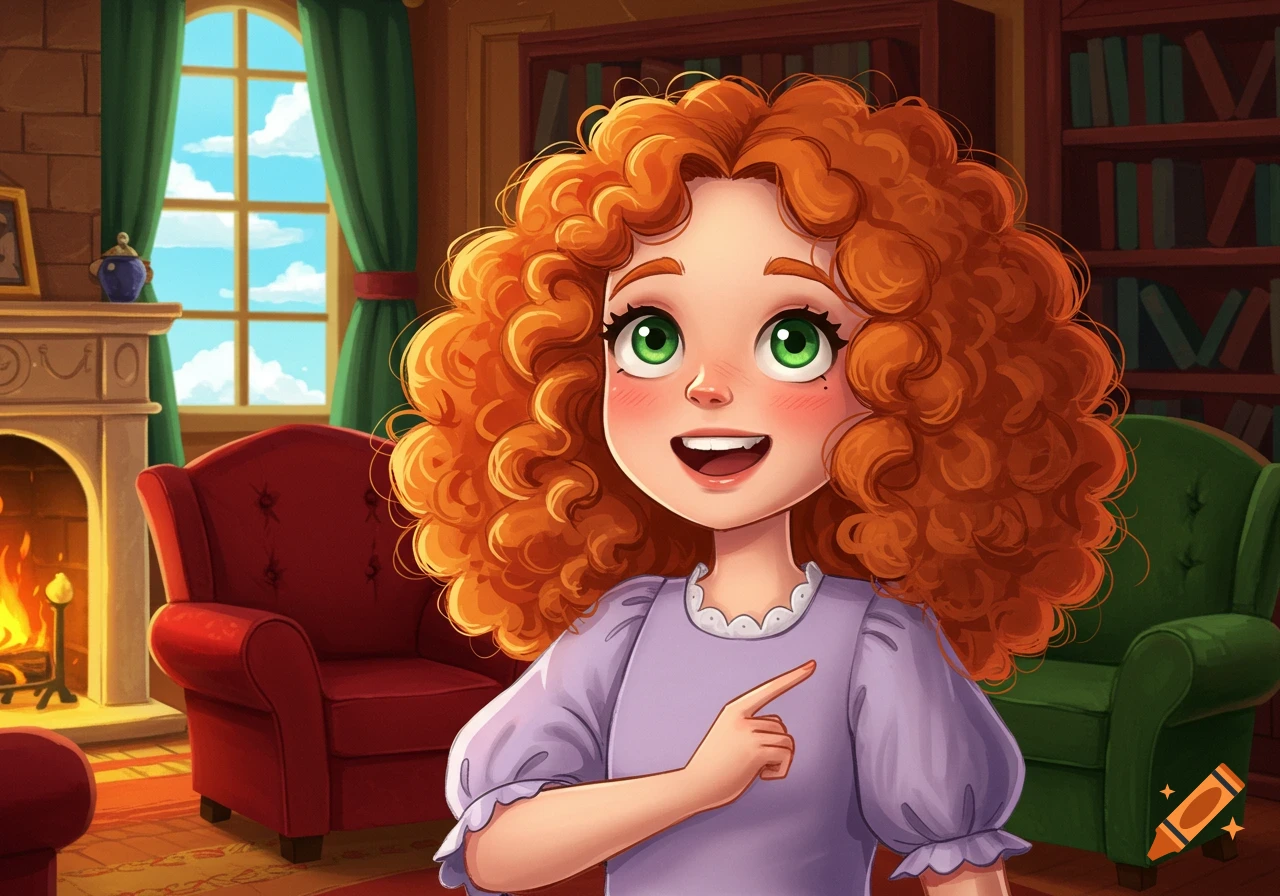 A cheerful cartoon girl with curly orange hair smiles and points in a cozy room with a fireplace and bookshelves. Digital illustration.