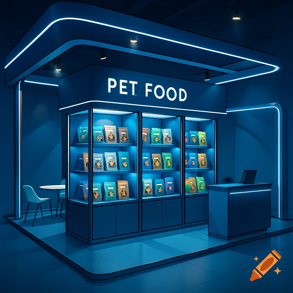 A modern, blue-lit exhibition booth for pet food with shelves displaying product bags and a prominent 'PET FOOD' sign.