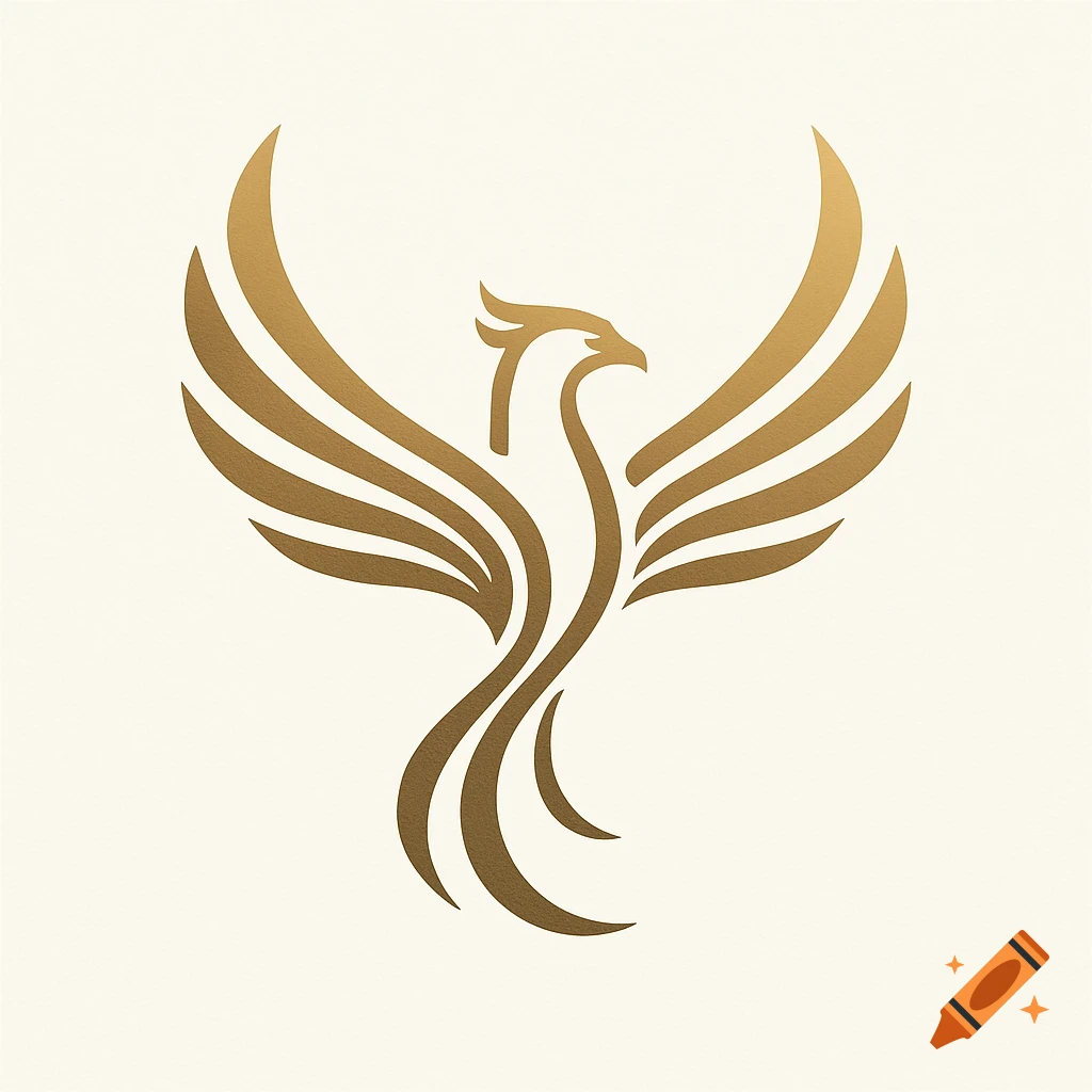 A minimalist gold logo of a phoenix with wings spread, rising on a light cream background.