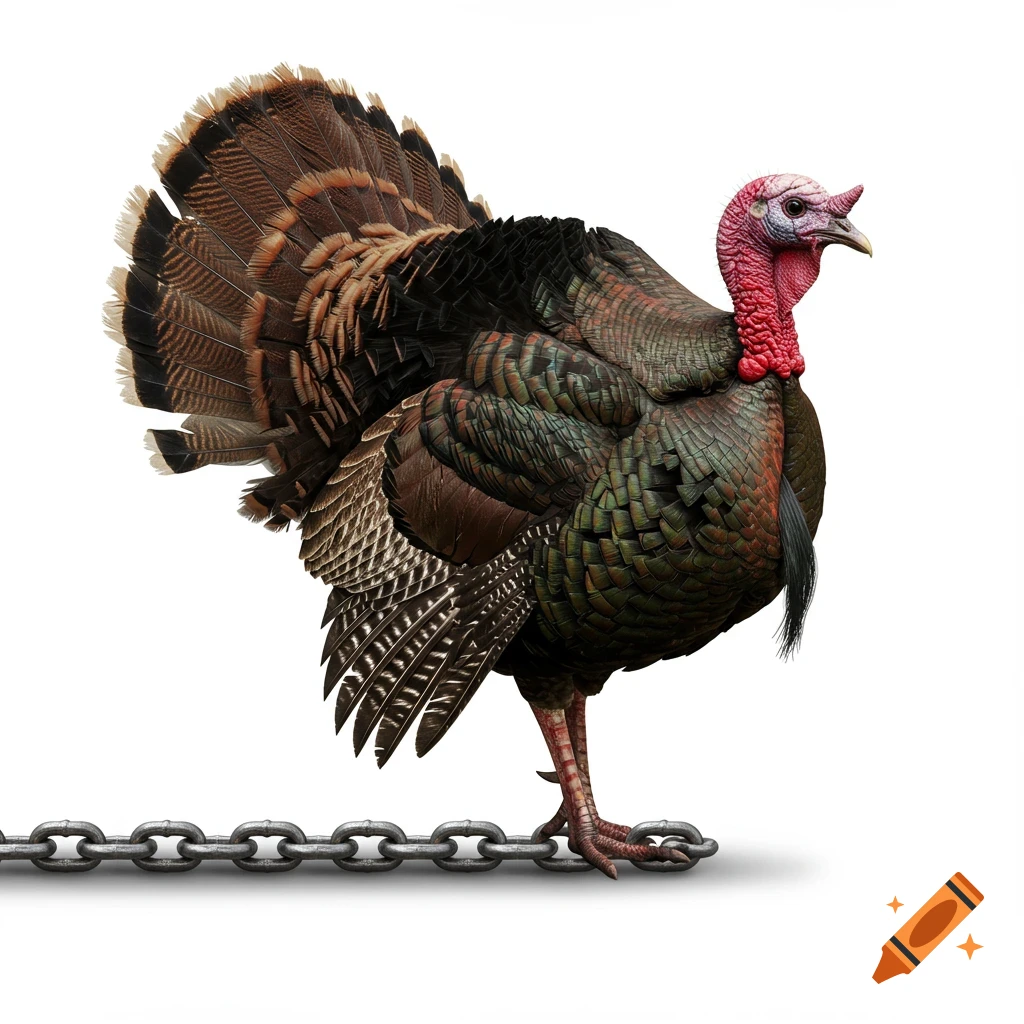 Photorealistic wild turkey with fanned tail standing on a metal chain against a white background.