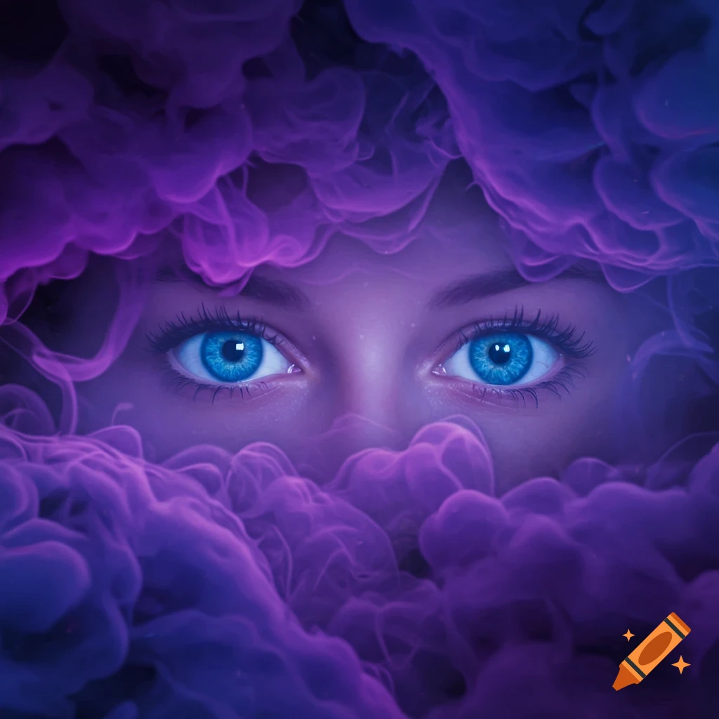 Close-up of bright blue eyes peering through swirling purple smoke.