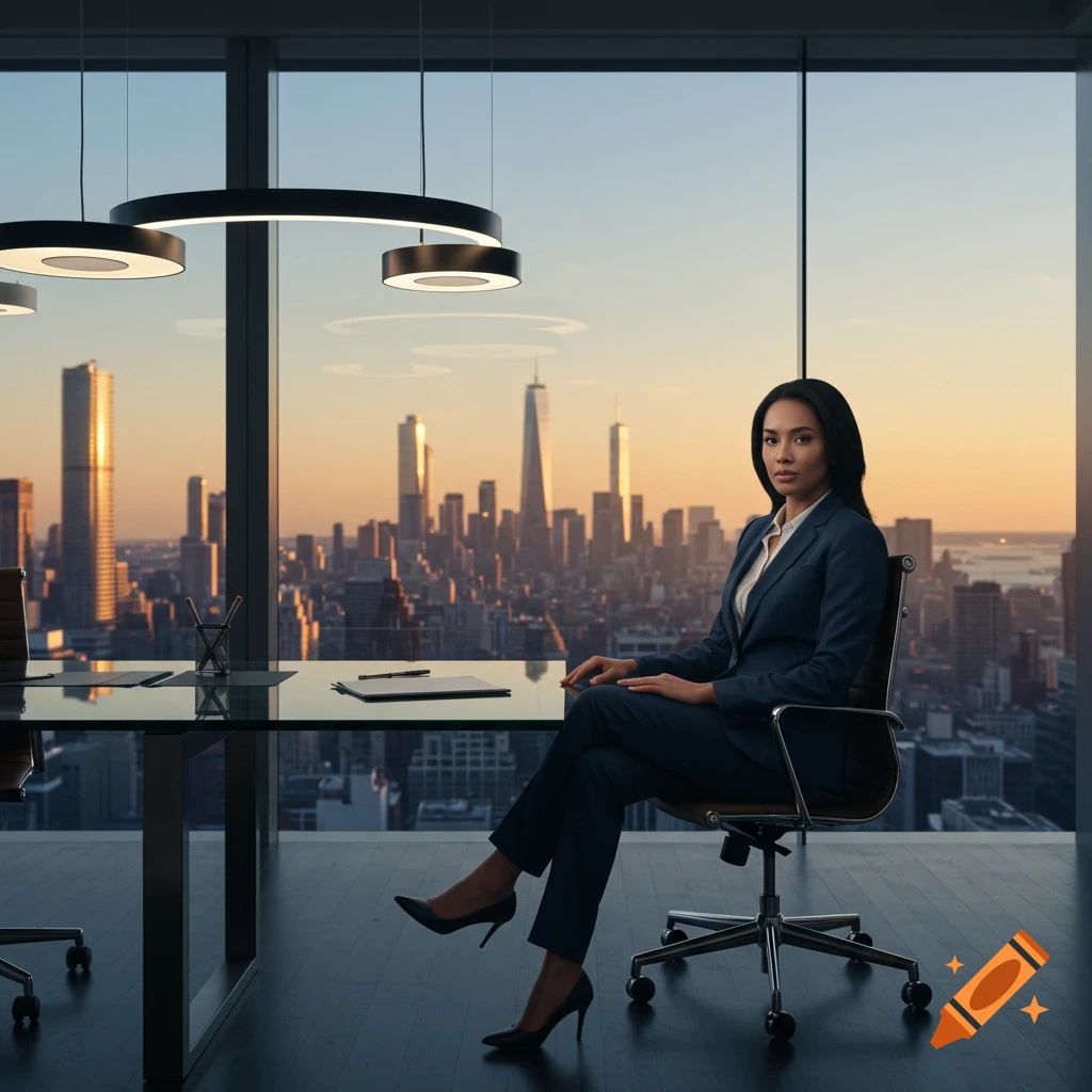 A professional woman in a dark suit sits in an office chair, looking at the viewer, with a city skyline at sunset in the background. Photorealistic style.