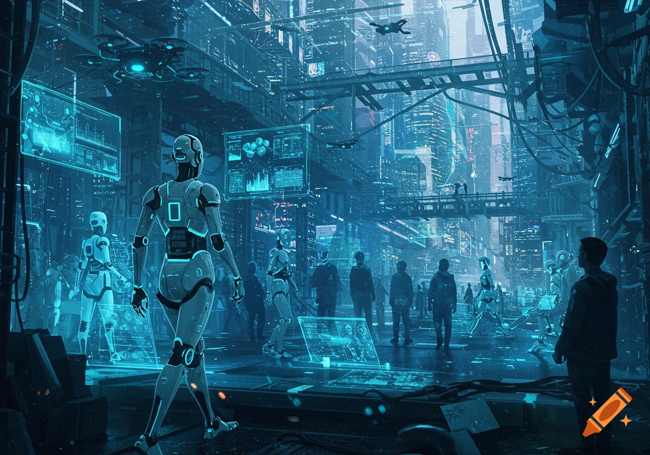 A futuristic cyberpunk cityscape with glowing blue screens, flying drones, and robots walking among shadowy human figures.