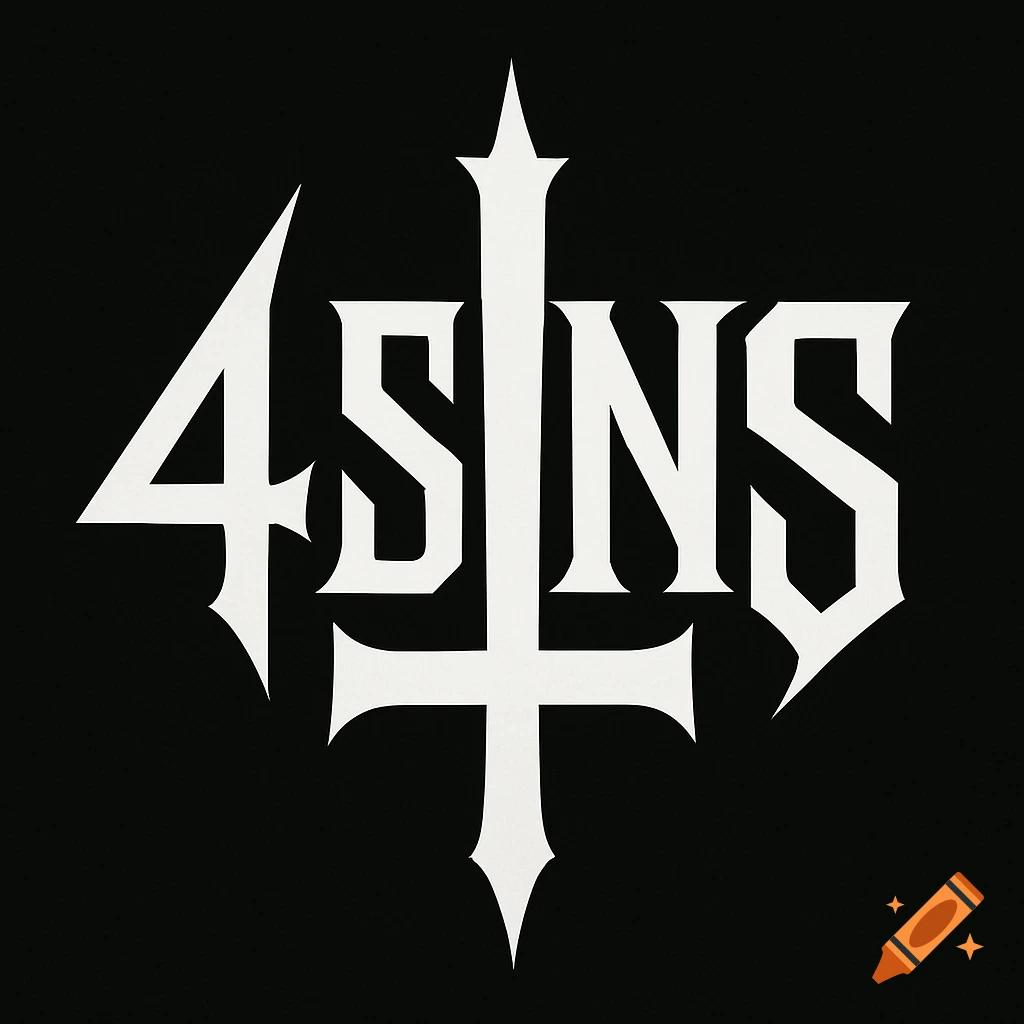 Stylized white logo for '4 SINS' with an integrated upside-down cross on a black background.