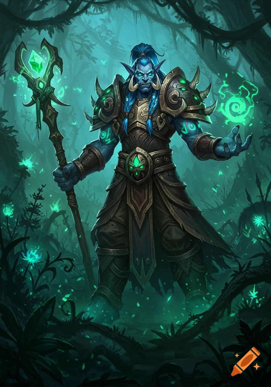 A blue troll shaman with glowing green markings, holding an emerald staff and casting a spell in a dark, mystical forest.