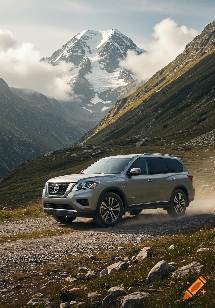 A silver Nissan Pathfinder SUV drives on a dirt road through a mountain valley with a snow-capped peak.