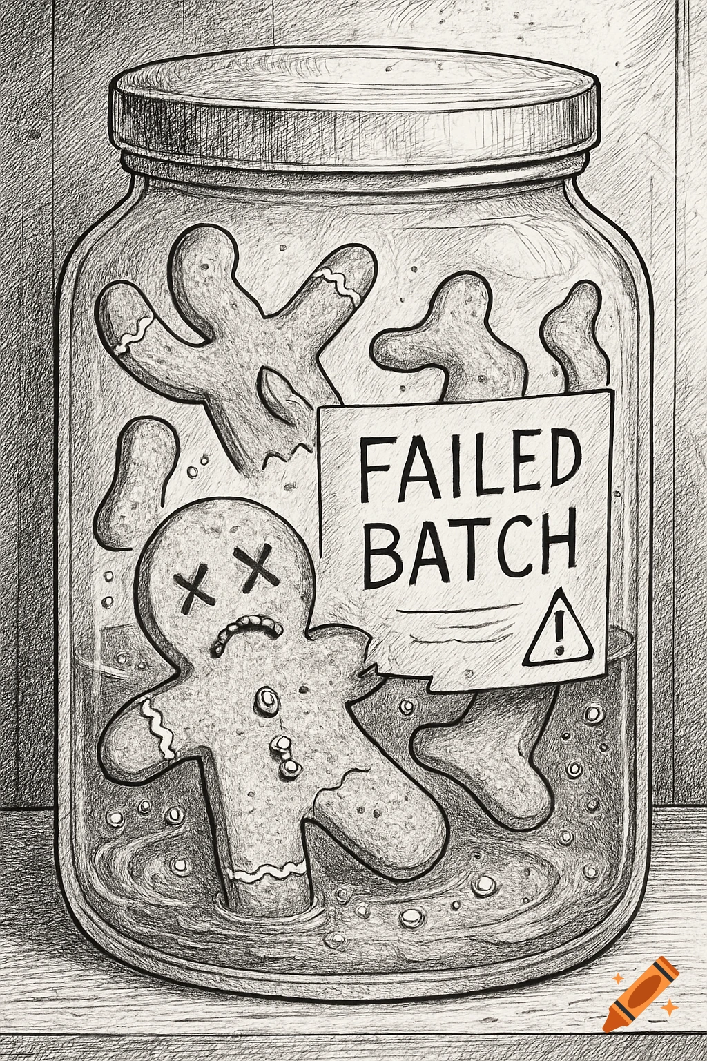 A black-and-white sketch shows a jar filled with deformed gingerbread cookies and parts, with a label reading "FAILED BATCH". One cookie has 'X' eyes and a sad mouth.