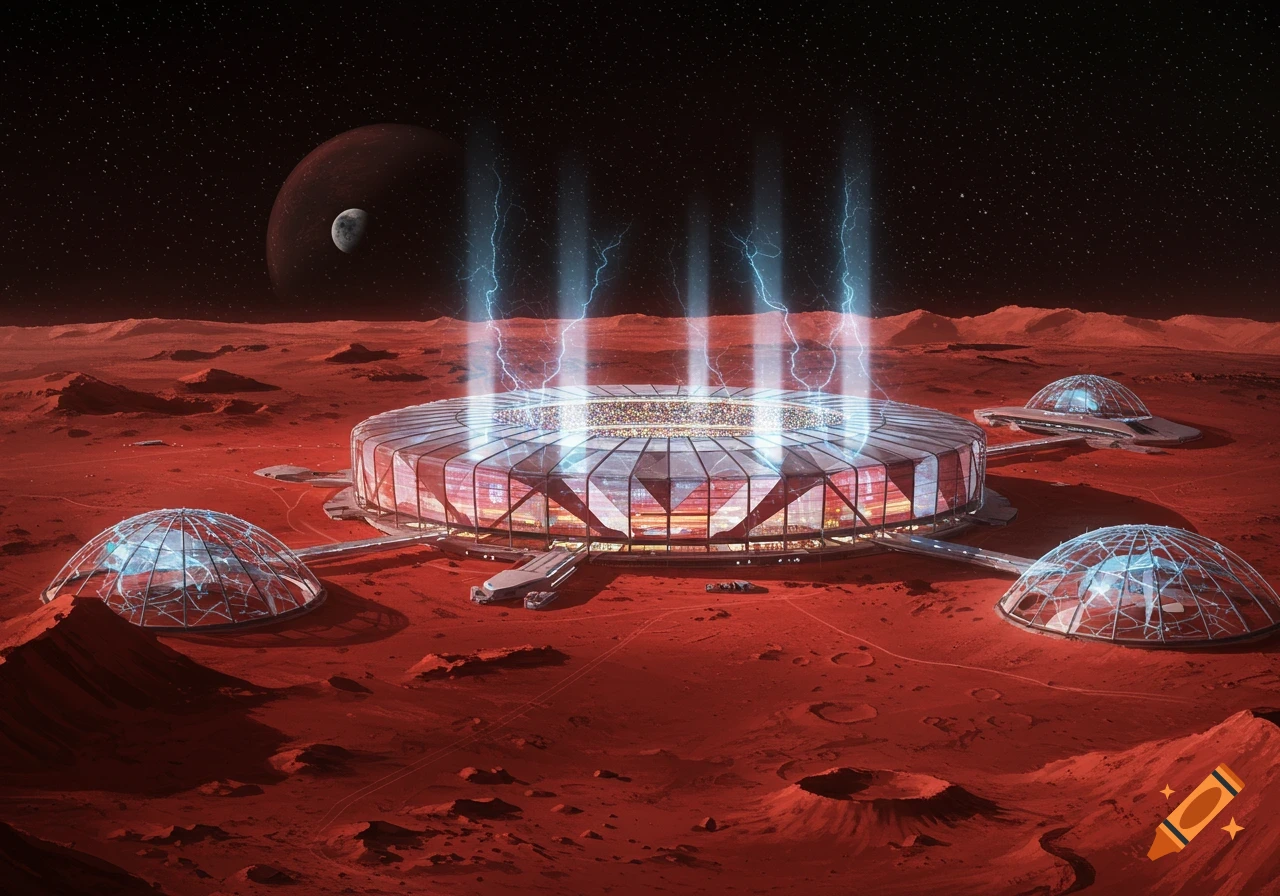 A futuristic stadium with lightning on the red surface of Mars, surrounded by domes, with a large red planet and moon in the dark sky.