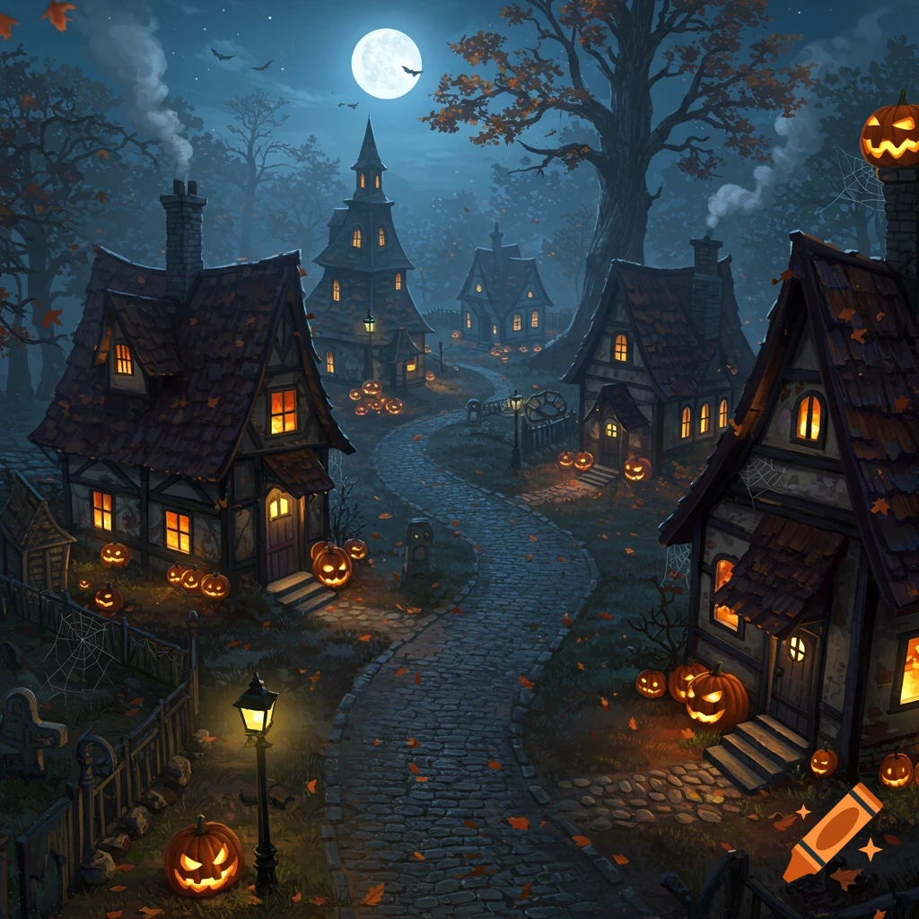 A spooky Halloween village at night with glowing jack-o'-lanterns, old houses, and a cobblestone path under a full moon.