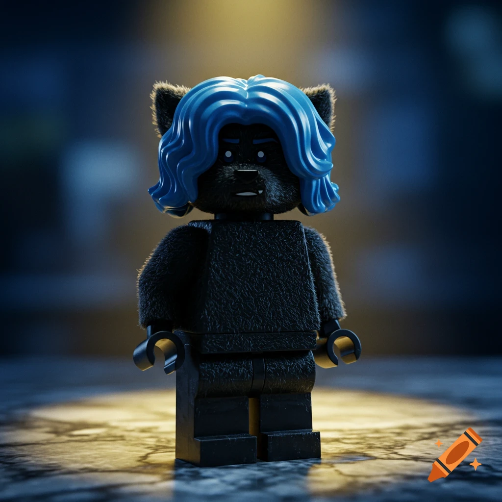 A black furry Lego minifigure with blue wavy hair stands under a spotlight on a textured surface.