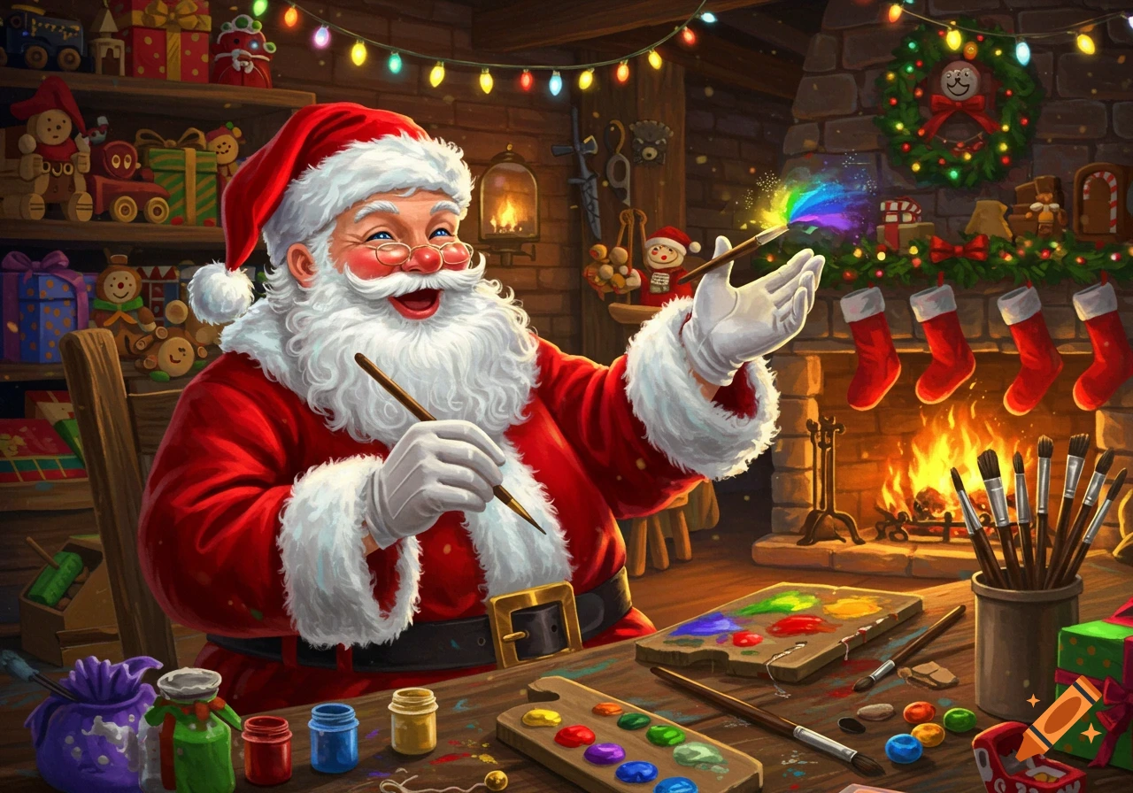 Santa Claus joyfully paints with a brush and palette in his festive workshop, surrounded by toys and a cozy fireplace.