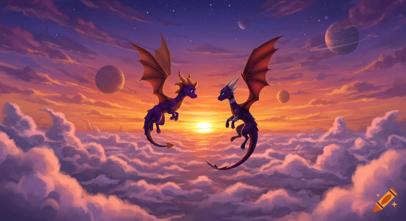 Two purple dragons, Spyro and Cynder, fly above clouds against a vibrant sunset sky with stars and planets.
