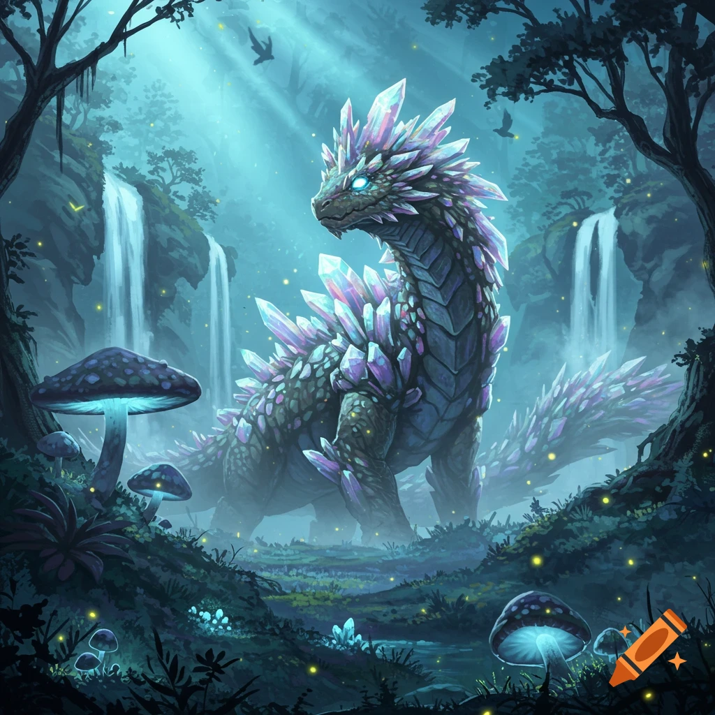 A large crystal dragon with glowing eyes stands in a mystical forest with luminous mushrooms and waterfalls under shafts of light.